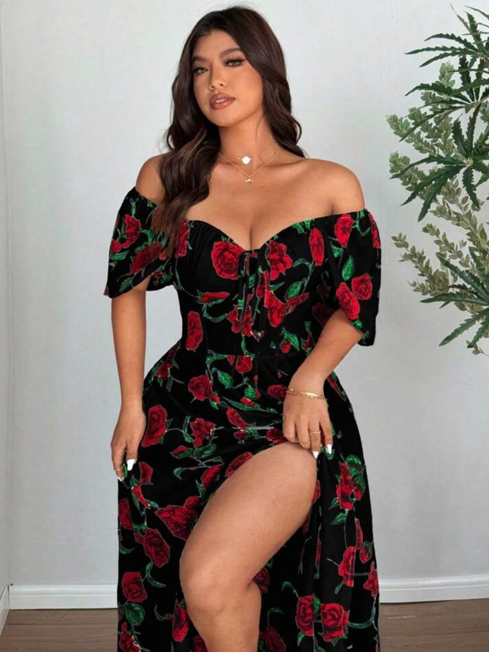 Flirla Plus-Size Women's Rose Large A-Line Sexy Split Dress